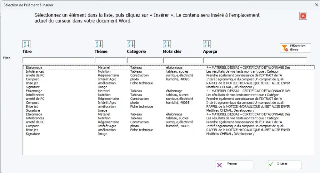 interface pour selectionner bloc texte – DOPHIS – DOPHIS sélection du bloc de texte à insérer dans Word