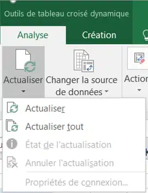 Commandes Actualiser et Actualiser tout d’un tableau croisé dynamique Excel