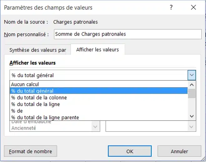 Afficher les charges patronales en pourcentage du total général dans un tableau croisé dynamique