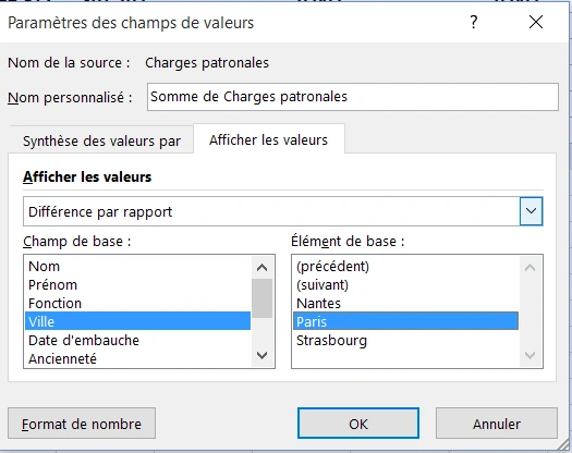 Choisir Ville comme champ de base et Paris comme élément de référence dans un TCD