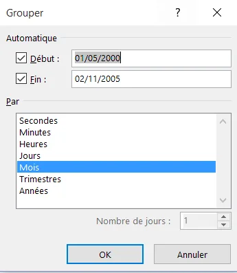 Fenêtre Excel permettant de grouper les dates d’un tableau croisé dynamique
