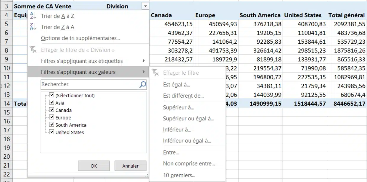 Filtrer les valeurs du champ Division dans un tableau croisé dynamique Excel