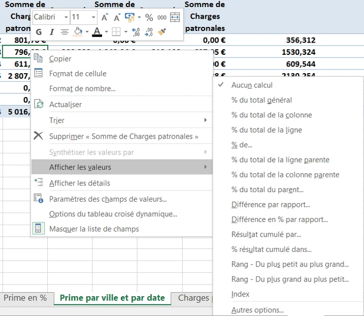 Menu permettant de choisir Différence par rapport à dans un tableau croisé dynamique