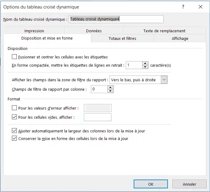 Options de disposition et de mise en forme permettant de conserver le format d’un tableau croisé dynamique