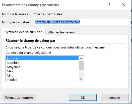 Paramètres du champ Charges patronales avec choix de la fonction Somme Nombre ou Moyenne
