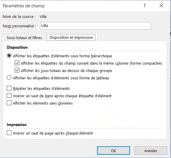 Option Répéter les étiquettes d’éléments dans les paramètres d’un champ de tableau croisé dynamique