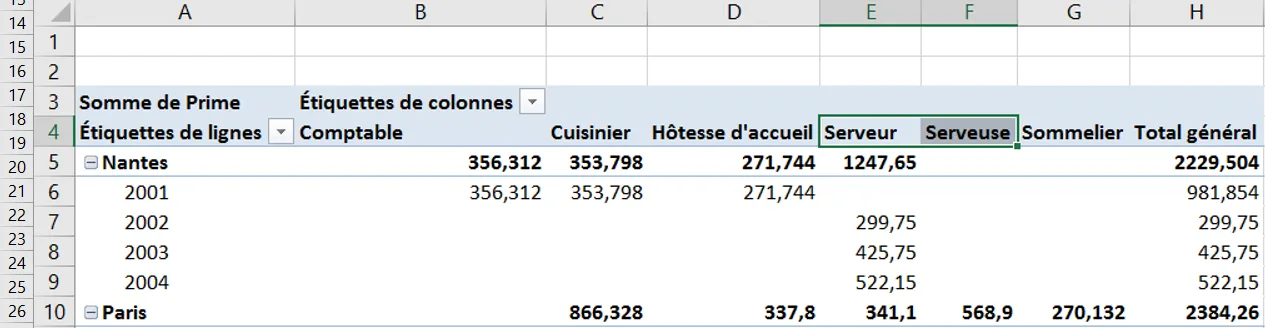 Sélection des catégories Serveur et Serveuse avant leur regroupement dans un TCD