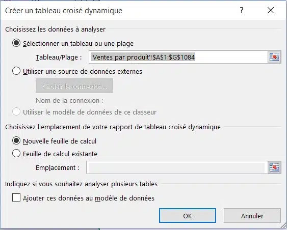 Sélectionner le tableau Ventes par produits comme source d’un tableau croisé dynamique Excel