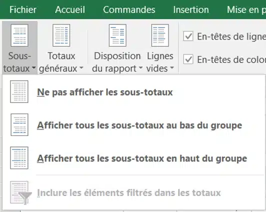 Menu permettant d’afficher les sous-totaux en haut ou en bas d’un tableau croisé dynamique