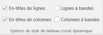 Options de style d’un tableau croisé dynamique avec en-têtes et lignes ou colonnes à bandes