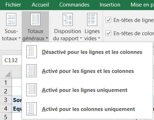 Options d’affichage des totaux généraux pour les lignes et les colonnes d’un TCD
